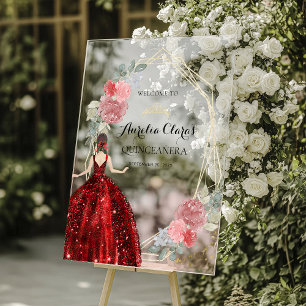 Red Dress Floral Geometric Quinceañera Birthday Acrylic Sign