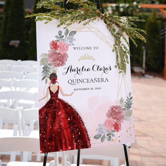 Red Dress Floral Geometric Quinceañera Birthday Poster (Creator Uploaded)