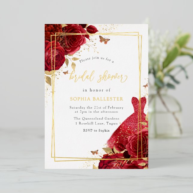 Red Dress & Flowers Gold Foil Bridal Shower (Standing Front)