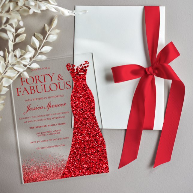 Red Dress Forty & Fabulous 40th Birthday Party Acrylic Invitations (Creator Uploaded)