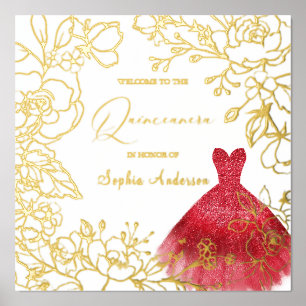 Red Dress Gold Floral Leaves Quinceanera Gold Foil Prints