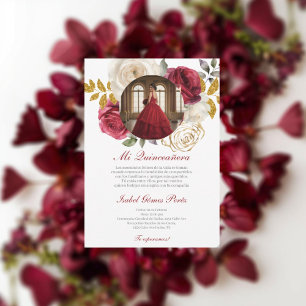 Red dress Quinceanera with picture in Spanish Invitation