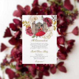 Red dress Quinceanera with picture in Spanish Invitation