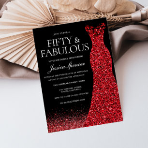 Red Dress Red Glitter Gown 50th Birthday Party Invitation