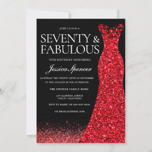 Red Dress Red Glitter Gown 70th Birthday Party Invitation