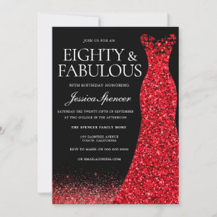 Red Dress Red Glitter Gown 80th Birthday Party Invitation