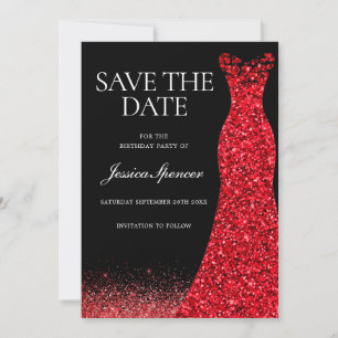 Red Dress Red Glitter Gown Birthday Save The Date Invitation
