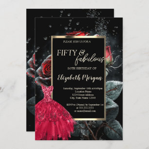 Red Dress Red Roses Black 50th Birthday Invitation