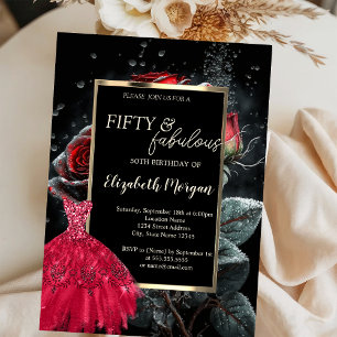 Red Dress Red Roses Black 50th Birthday Invitation