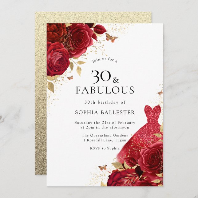 Red Dress & Roses Gold Glitter 30th Birthday Invitation (Front/Back)