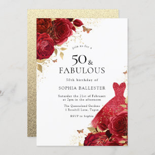 Red Dress & Roses Gold Glitter 50th Birthday Invitation
