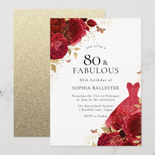 Red Dress & Roses Gold Glitter 80th Birthday Invitation (Front/Back)