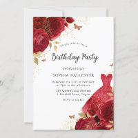 Red Dress & Roses Gold Glitter Birthday Party