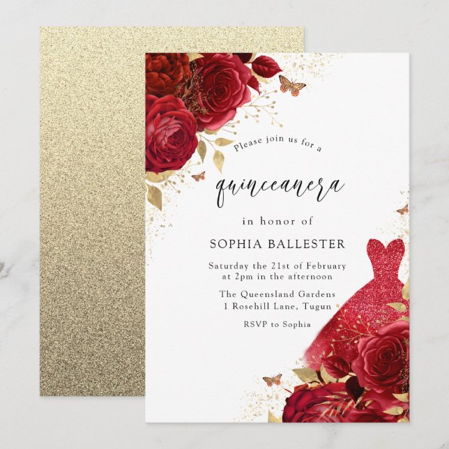Red Dress & Roses Gold Glitter Quinceanera Party Invitation (Front/Back)
