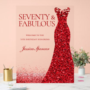 Red Dress Seventy & Fabulous 70th Birthday Party Acrylic Sign