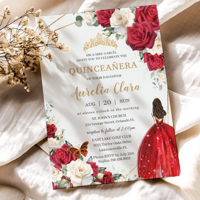 Red Dress White Roses Floral Girl Gold Quinceañera Invitation (red and white roses floral flowers quinceanera invitation cards brunette girl red dress)