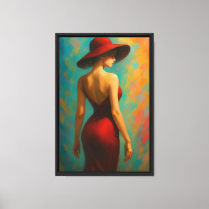 Red Dress Woman with Hat on Colourful Background Canvas Print