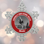 Red Drill Team Photo High School Dancer Snowflake Pewter Christmas Ornament<br><div class="desc">This cool customized high school drill team photo gift features white typography of your team and dancer name on a red Christmas ornament with a silhouette of a girl holding pom poms in boots. Personalize with your student's photograph and class year as a proud parent.</div>