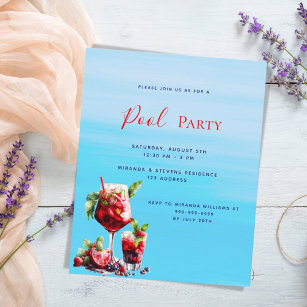 Red drinks blue water budget pool party invitation