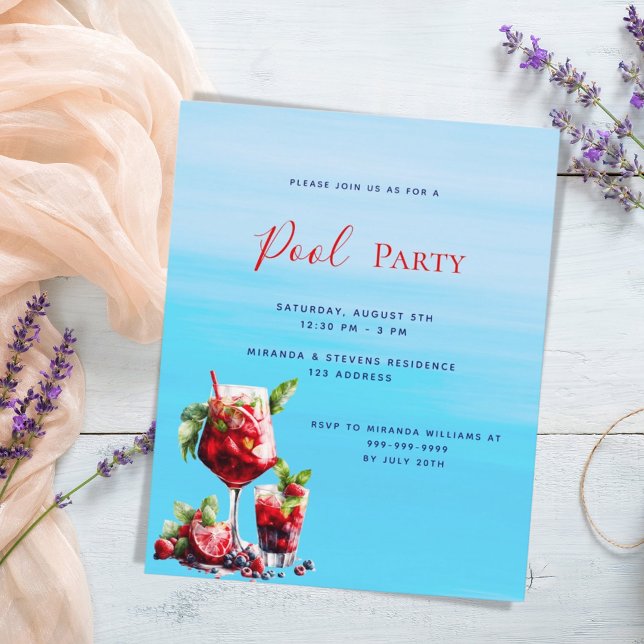 Red drinks blue water budget pool party invitation (Creator Uploaded)