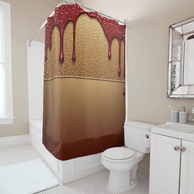 Red Dripping Paint Over Gold Glitter Background Shower Curtain (In Situ)