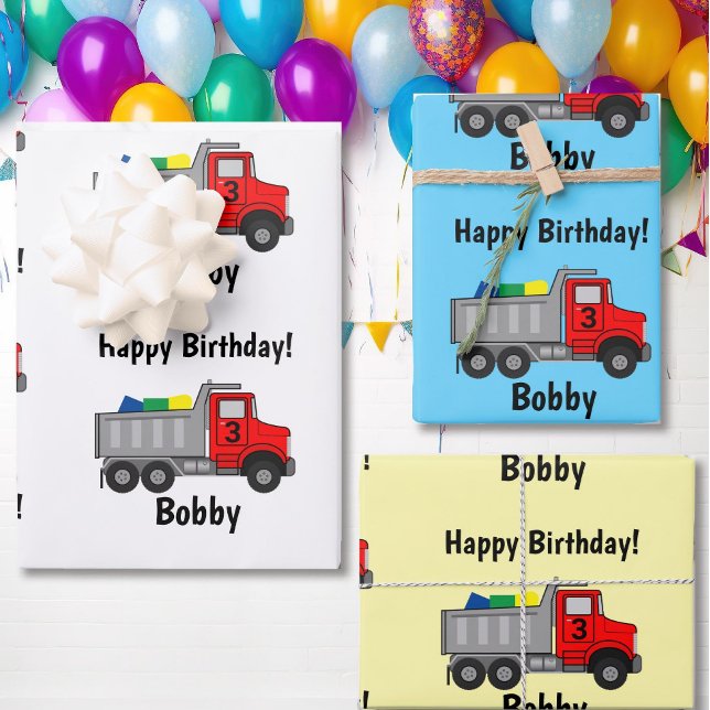 Red Dump Truck Birthday Boy's Name & Age Gift Wrapping Paper Sheet (Creator Uploaded)