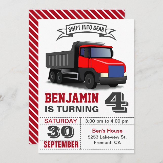 Red Dump Truck Kids Birthday Party Invitation (Front/Back)