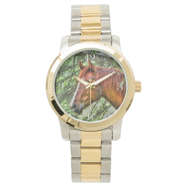 Red Dun Horse Head & Trees Photo Portrait Watch (Front)
