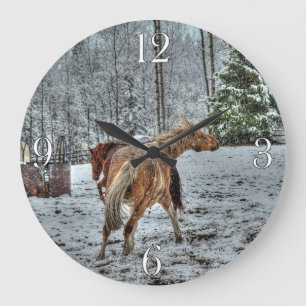 Red Dun & Palomino Winter Horses in Snow photo Large Clock