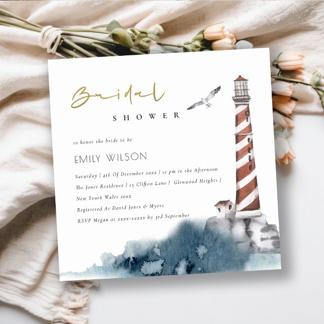 RED DUSKY BLUE LIGHTHOUSE SEA BRIDAL SHOWER INVITE (Creator Uploaded)