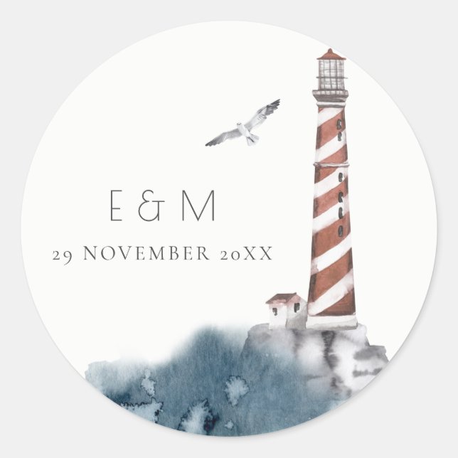 RED DUSKY BLUE LIGHTHOUSE SEA MONOGRAM WEDDING CLASSIC ROUND STICKER (Front)
