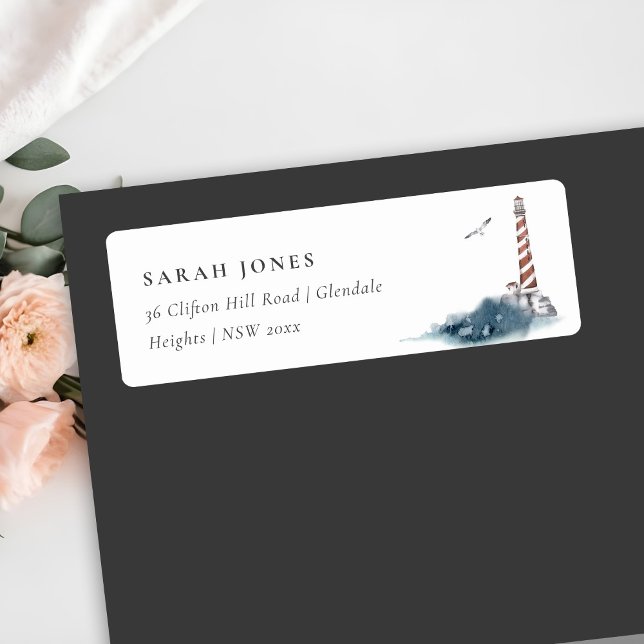 RED DUSKY BLUE LIGHTHOUSE SEA WAVES ADDRESS LABEL (Creator Uploaded)