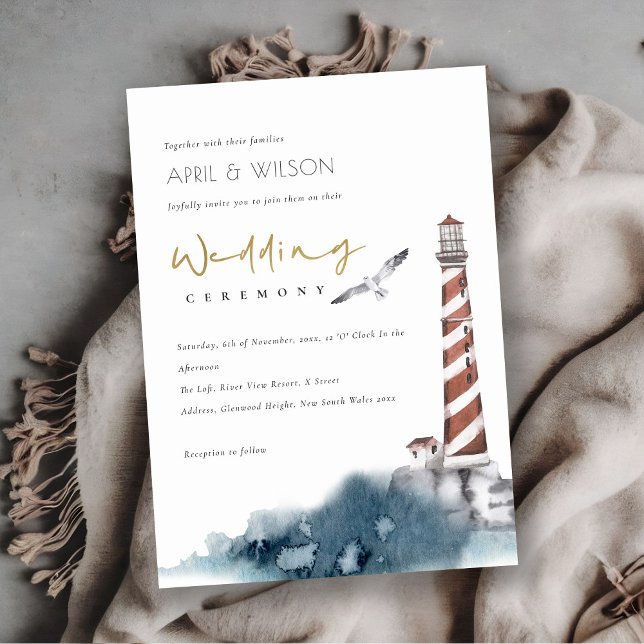 RED DUSKY BLUE LIGHTHOUSE SEA WAVES WEDDING INVITE (Creator Uploaded)