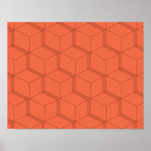 Red, dynamic, retro, cool trendy cube line pattern poster