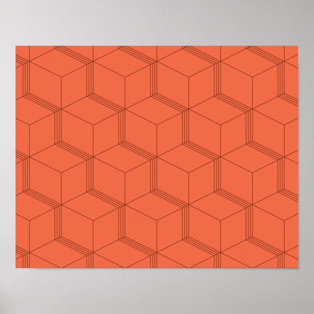 Red, dynamic, retro, cool trendy cube line pattern poster (Front)
