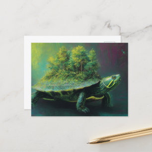 Red Ear Slider Turtle With a Tree Forest on Shell Postcard