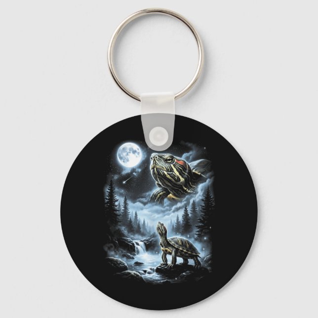 Red Eared Slider Turtle Howling At Moon 90s Retro Key Ring (Front)