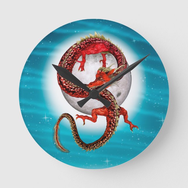 Red Eastern Dragon - Mythical Fantasy Creature Round Clock (Front)