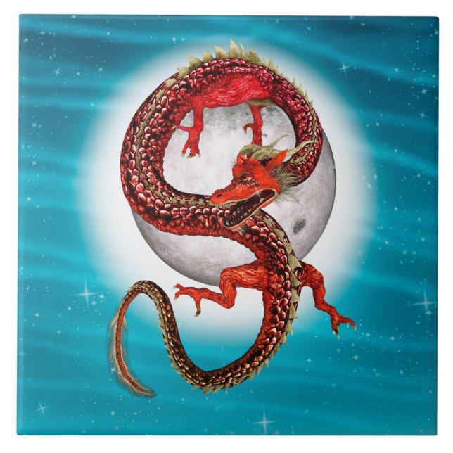 Red Eastern Dragon - Mythical Fantasy Creature Tile (Front)