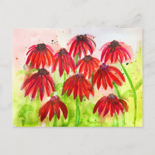 Red Echinacea Blooms Watercolor Botanical Art Holiday Postcard