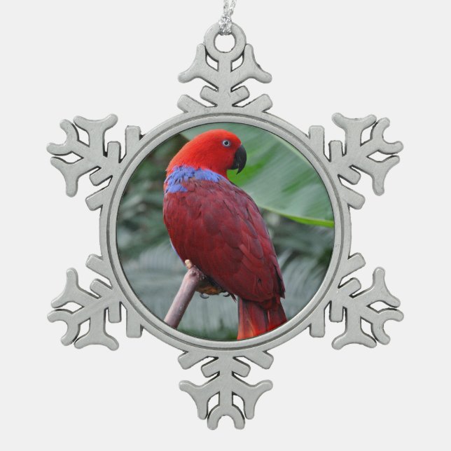 Red eclectic parrot snowflake pewter christmas ornament (Front)