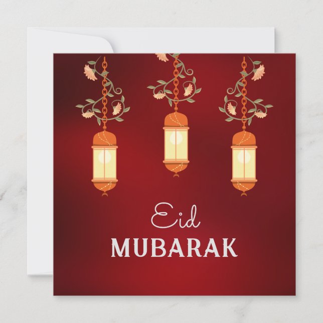 Red Eid Mubarak Floral Lantern Islamic Card (Front)