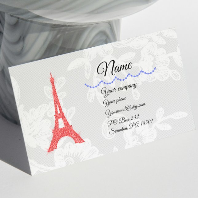 Red Eiffel Tower & Blue diamonds on Lace Business  Card (Creator Uploaded)