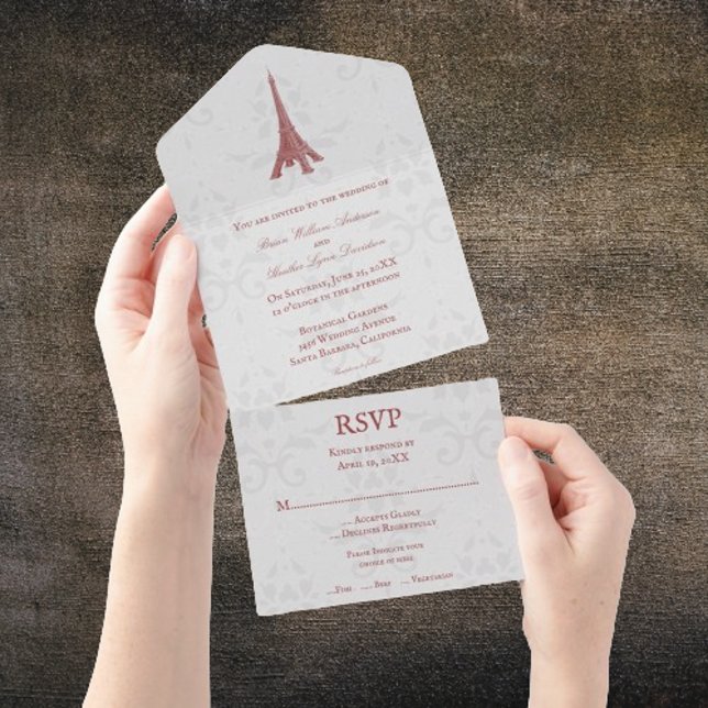 Red Eiffel Tower Damask All in One Wedding All In One Invitation (Red Eiffel Tower Damask All in One Wedding Invite)