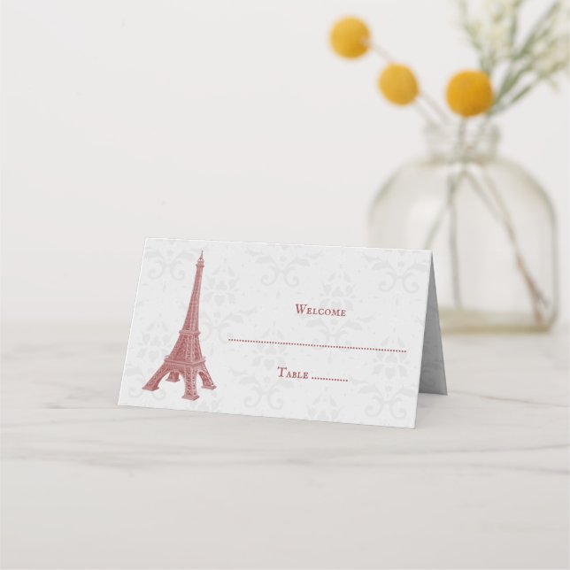 Red Eiffel Tower Damask Reception Place Card (Front)