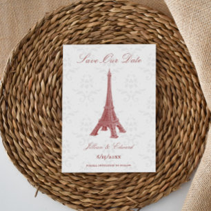 Red Eiffel Tower Damask Save The Date Announcement