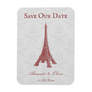 Red Eiffel Tower Damask Save The Date Magnet