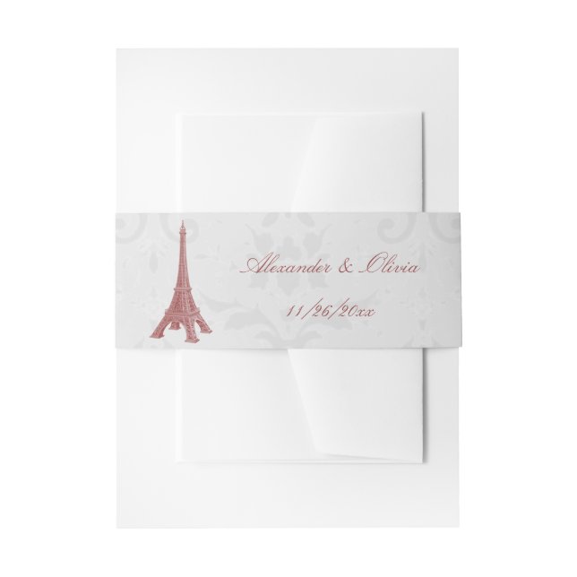 Red Eiffel Tower Damask Wedding Invitation Belly Band (Front Example)
