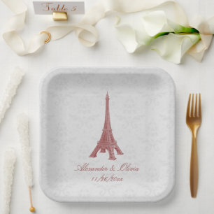 Red Eiffel Tower Damask Wedding Shower Paper Plate