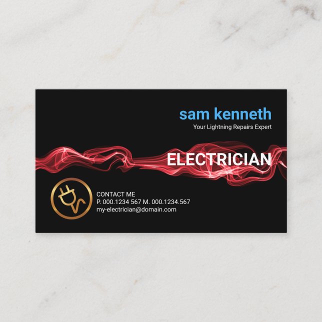 Red Electric Current Wave Lightning Electrician Business Card (Front)